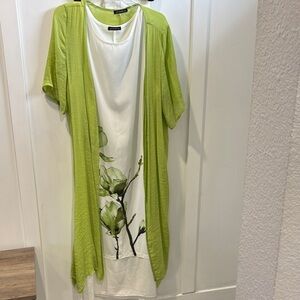 White Floral Slip Dress with Lime Open Cardigan